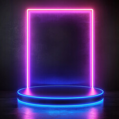 Poster - 
A neon-lit stage with a geometric frame glowing in purple and pink against a dark background, creating a vibrant and modern aesthetic.