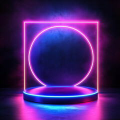 Poster - 
A neon-lit stage with a geometric frame glowing in purple and pink against a dark background, creating a vibrant and modern aesthetic.