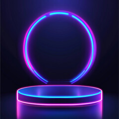 Poster - 
A neon-lit stage with a geometric frame glowing in purple and pink against a dark background, creating a vibrant and modern aesthetic.