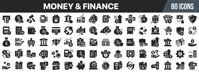 Leinwandbilder - Money and finance black icons collection. Big UI icon set in a flat design. Vector illustration EPS10