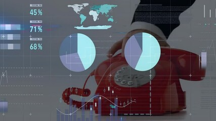 Poster - Hand entering top right lifting red rotary receiver, animating data charts for market demo