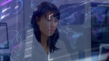 Poster - upon gripping sample tube lab scientist raising tube inspecting sample against holographic charts