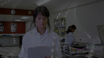 Poster - Lab technician tapping tablet screen to confirm data, generating network overlay around bench