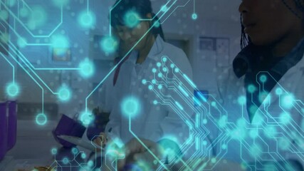 Poster - Lab scientists lifting vial and assembling purple unit while circuit overlay showing data