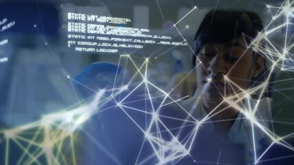 Aufkleber - Female scientist glancing at lab bench as network emerging streaming code pulsing for research