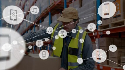 Poster - Warehouse worker placing box and picking up scanner activating digital icons updating inventory