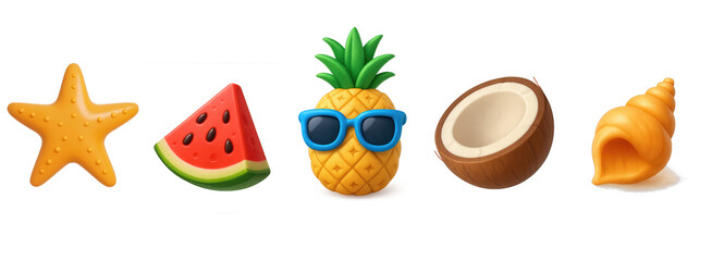 3d summer set of elements isolated on white background, symbols for travel
