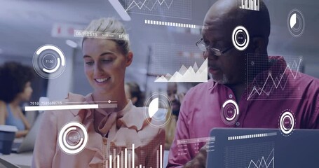 Poster - Woman tapping tablet initiating data overlays among colleagues for business analysis