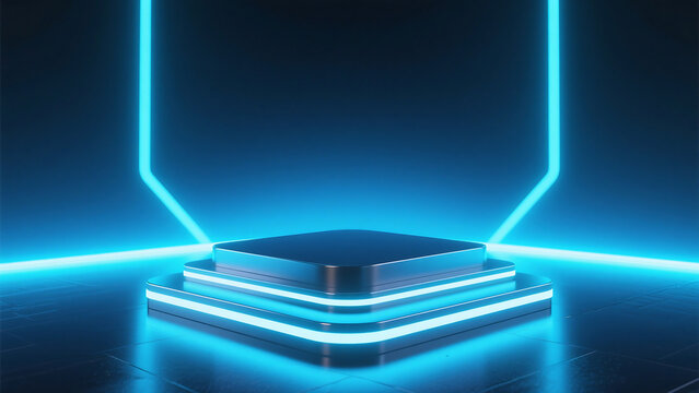 Futuristic neon blue lit product display stand