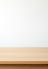 Poster - Wooden table top with white wall background. Perspective view.