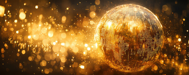 Poster - Shimmering golden globe surrounded by sparkling lights creates festive atmosphere, perfect for celebrations and events