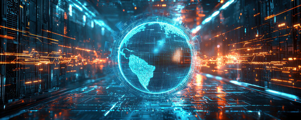 Fototapete - Glowing digital globe representing Earth, surrounded by vibrant blue and orange lights, symbolizing technology