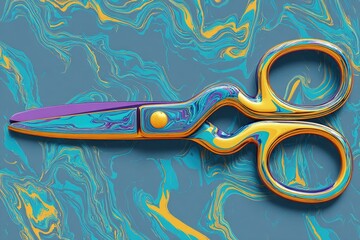 Poster - Colorful scissors designed with a marble effect lay on a textured blue surface in an artistic composition