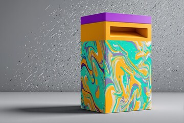 Poster - Unique artistic trash can with vibrant colors on display in a minimalist environment