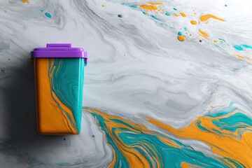 Poster - Colorful trash bin placed on a vibrant marbled background with turquoise and orange swirls creating an artistic composition