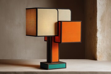Poster - Unique modern lamp design with vibrant colors and striking geometric shapes in a minimalist interior space