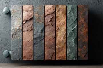 Poster - Horizontal arrangement of textured stone panels in various colors showcasing a modern design element in interior decor