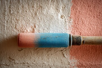 Poster - Paint roller resting against a textured wall with light pink and blue paint strokes