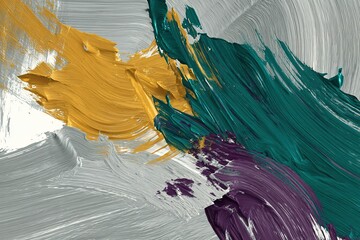 Poster - Vibrant abstract artwork showcasing dynamic brush strokes in teal, gold, and purple colors on textured canvas