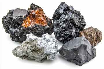 Poster - Realistic depiction of various raw mineral ores with textures Generative AI
