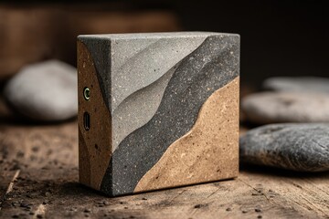Poster - Unique handmade concrete object with smooth textures and natural tones on a wooden surface