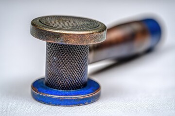 Poster - Metal tool with textured handle and blue accents resting on a white surface in a workshop setting