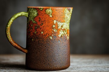 Poster - Unique ceramic mug displaying vibrant colors and textures on a wooden surface in soft light
