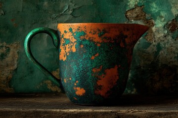 Poster - Vibrant ceramic pitcher showcasing textures and colors against a weathered background