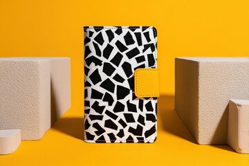 Poster - Stylish phone case with geometric pattern displayed on vibrant yellow background, emphasizing modern design and trendy aesthetics