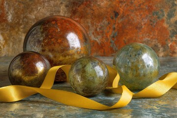 Poster - Decorative glass spheres in varying sizes with a satin ribbon on a textured background