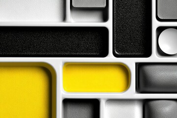 Poster - Colorful geometric shapes in a structured design highlighting yellow, black, white, and gray in a modern artistic arrangement