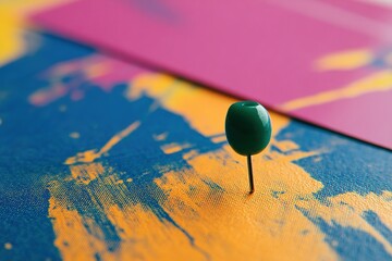 Poster - Colorful abstract art with green pushpin on vibrant canvas background in creative workspace