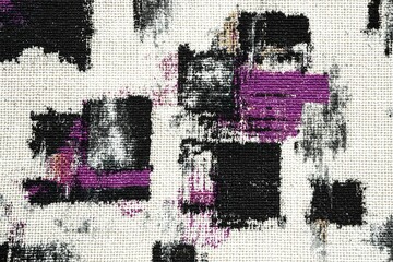 Poster - Colorful abstract textile design featuring black, white, and purple patterns on a canvas background, suitable for artistic decor or fashion