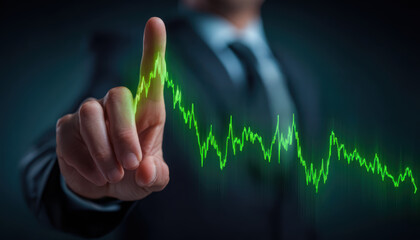 Poster - Businessman pointing at green financial graph, symbolizing growth and success in investments and market trends