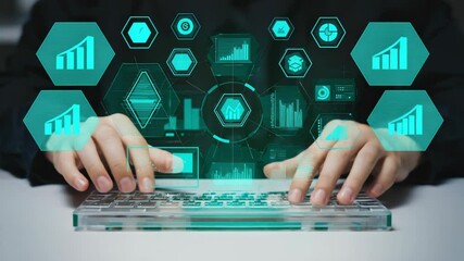 Hands typing on transparent keyboard with holographic data graphics