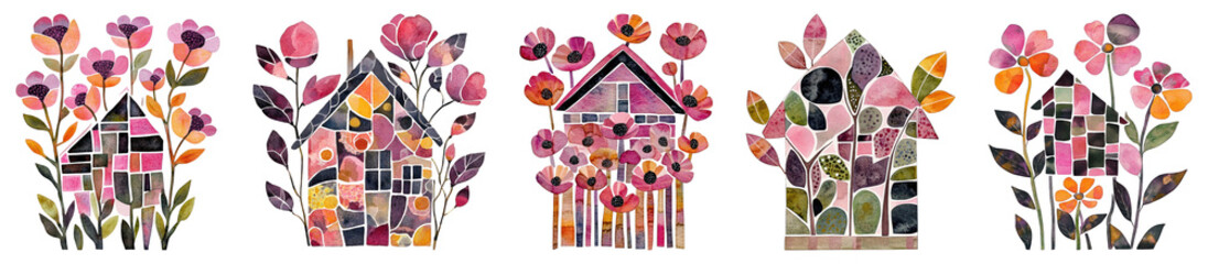 Poster - png colorful floral mosaic houses, element set on transparent background