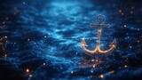 Abstract glowing anchor on a dark blue water surface