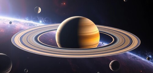 Wall Mural - Saturn's rings encircle moons and distant planets in a vibrant cosmic scene, artwork, ethereal