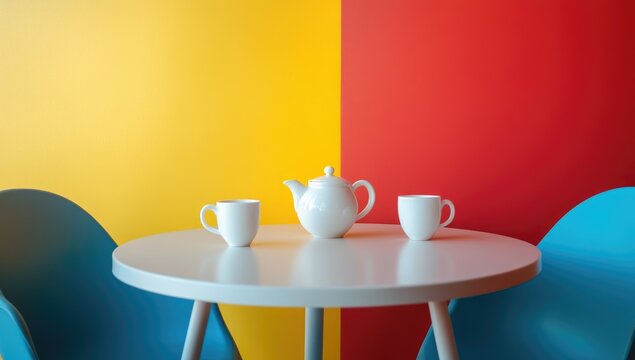 White tea set on white table, bright yellow & red background, teal chairs