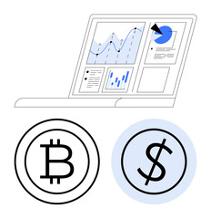 Poster - laptop screen showing charts, graphs, data interface, alongside bitcoin and dollar signs. ideal for 