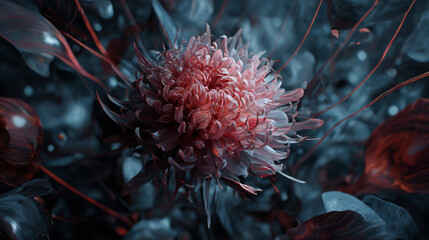 Poster - A close up of a pink flower with thin petals surrounded by dark leaves and thin red strands around it