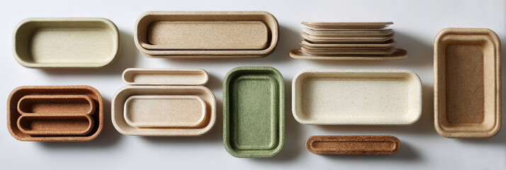 Poster - Arrangement of various sized rectangular trays in neutral tones on a white surface overhead shot