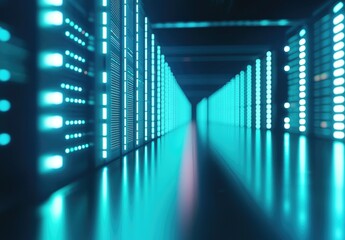 Poster - Bright cyan-lit server corridor with sleek glowing racks reflecting on the floor, ideal for futuristic themes in cloud computing, AI infrastructure, and digital technology visuals