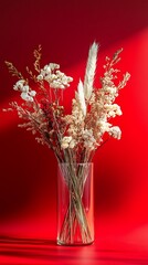 Poster - Assorted Dried Flowers and Feathers in Clear Glass Vase on a Red Background, Still Life