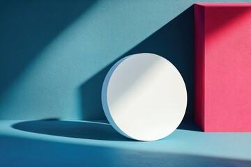 Aufkleber - A white cylinder rests on a teal surface, partially in shadow, beside a tall, coral-colored rectangular prism, all bathed in sunlight