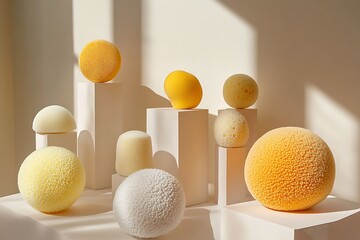 Poster - Spherical Yellow & White Sponges on Cubes, Geometric Display, Clean Presentation