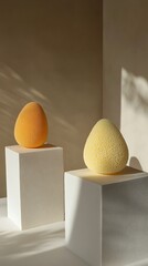 Poster - Two Sponges Still Life Yellow and Cream on White Cubes Against Neutral Backdrop