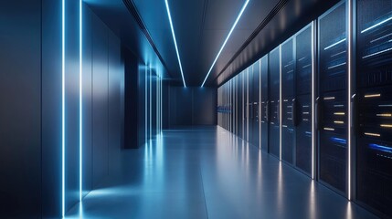 Poster - Minimalist high-tech data center hallway with glowing server cabinets and sleek blue lighting, ideal for futuristic IT infrastructure, cloud computing, and technology concepts