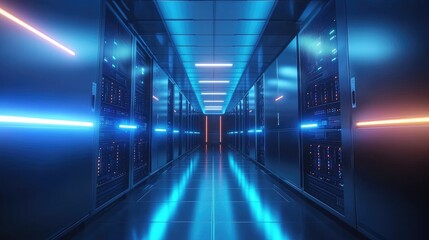 Poster - Futuristic data center interior with symmetrical rows of glowing server racks under blue and orange neon lighting, ideal for technology promotions, cybersecurity visuals, and cloud infrastructure ads