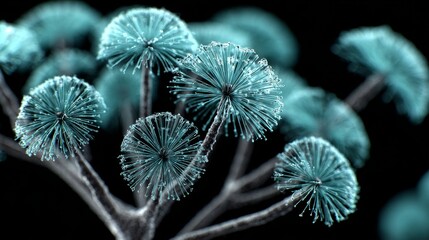Poster - Abstract Teal Flower Cluster - Close-up of a stylized teal flower cluster on a black background. Intricate detail and organic forms